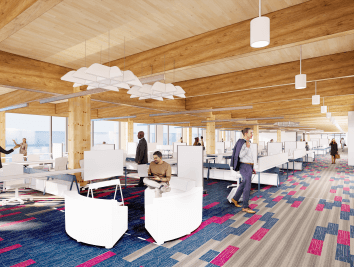 Office interior built with timber, people walking around