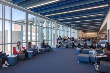 Students sitting in a communal area